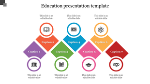 Colorful Education PowerPoint template with seven colored diamond shapes and educational icons with captions.