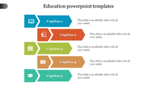 Education slide with five horizontal shaped banners in blue, orange, green, brown, and teal, each with an icon and caption.