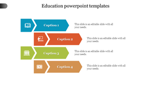 Education-themed template with colored arrow sections featuring icons for learning, teaching, and research.