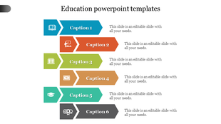 Slide showcasing six caption sections for educational content, each in a colored arrow shape.