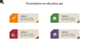 Education themed PowerPoint template with four sections, each marked by an icon and a label.