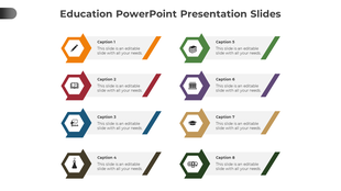 Educational slide with eight distinct hexagonal icons in different shades, paired with caption box, arranged in two columns.