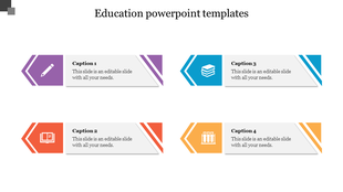 Education PowerPoint template with four arrows and color coded icons with captions and placeholder text on a white theme.