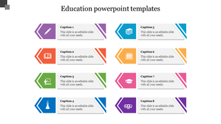 Education template with eight caption boxes, each featuring a colored left arrow with an related icon and text area. 