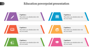 Education slide with six banners in purple, orange, green, blue, yellow, and pink, each featuring an icon and caption. 