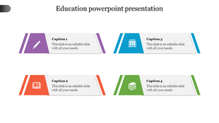 Minimalist education slide with four colored banners, each displaying icons for writing, reading, science, and books, with placeholder