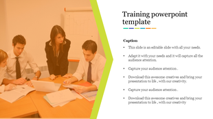 Training PowerPoint template with a business team collaborating around a laptop and papers with a caption text.