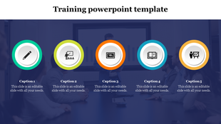 Training template with five circular icons, including a pencil, presentation board, screen, book, and instructor. 