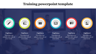 Training slide with six rounded icons, each with a caption, set against a blurred blue background of a meeting room.