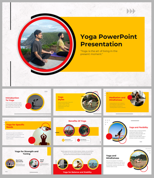 Yoga PowerPoint slides cover topics like yoga styles, benefits, mindfulness, flexibility, and specific needs with images.