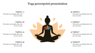 Silhouette of a meditating figure in front of a peach colored lotus design, surrounded by eight captions in colored dots.