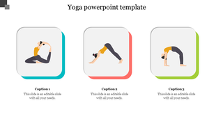 Yoga slide with three square icons, each featuring a stylized figure in different yoga poses, placed on colored shadows. 