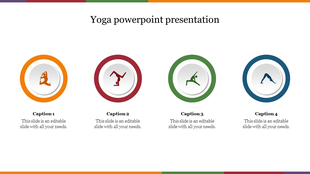 Yoga PowerPoint slide featuring four circular icons representing yoga poses with captions for detailed descriptions.