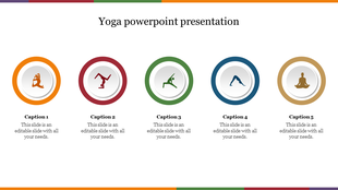 A Yoga PowerPoint presentation slide featuring icons of yoga poses with caption spaces.
