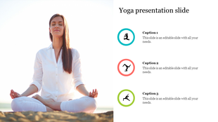 Yoga presentation slide featuring a serene image of a woman meditating with captions and placeholder text.