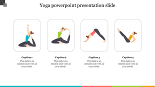 A template featuring four yoga pose illustrations in outlined rectangles, arranged in a row with captions areas below. 