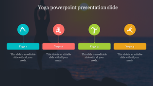 Yoga template with a sunset background, four colorful content blocks, and icons representing poses.