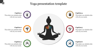Yoga infographic with a central meditating figure surrounded by six circular icons representing different yoga poses. 