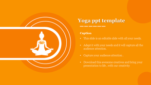 Yoga PPT slide with an orange background and a silhouette of a person meditating in a lotus pose with a caption.