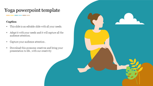 Yoga slide with a flat illustration of a woman sitting cross legged on a teal background with clouds and plants.