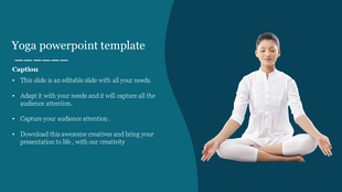 Yoga slide featuring a woman in a meditative pose, with a calming blue background and bullet points for text.