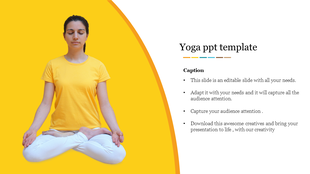 Yoga PowerPoint template featuring a person meditating in a yellow t shirt and white pants with text sections.