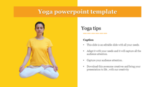Yoga PPT slide featuring a woman meditating in a lotus pose against a vibrant yellow background with text on the right.