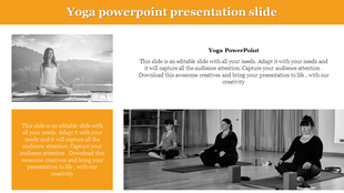Yoga slide with a monochrome image of a person meditating outdoors and a group practicing indoors, with a yellow caption box.