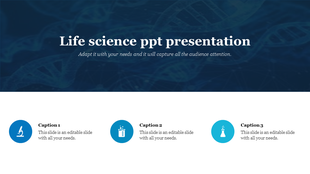 Life science slide with a DNA background and three blue circles featuring icons for microscope and lab tools.