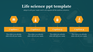Four yellow hexagon icons representing life science topics, each paired with a caption box on a dark green background.