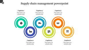 Slide featuring six circular elements in vibrant colors and icons illustrating various supply chain steps.
