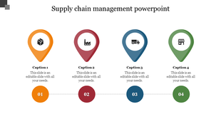 Supply chain process with location pin icons in orange, red, blue, and green, each representing a different stage.