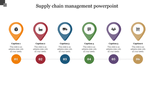 Supply chain slide with six colorful location pins, each with icons and captions, connected by numbered circles below.