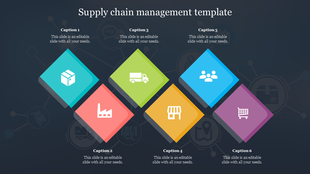 Slide with six diamond shaped icons in different colors representing various supply chain stages, on a dark background.