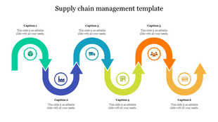 Wavy supply chain diagram with six arrows in different colors, each linked to circular icons representing logistics stages. 