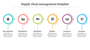 Supply chain slide featuring six colorful circular shapes in teal, orange, green, yyellow, purple, and blue, with text below.