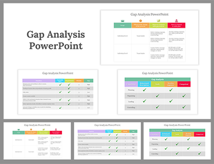 Gap analysis slides showcasing tables with color-coded headers, checkmarks, and text based comparisons in a grid.