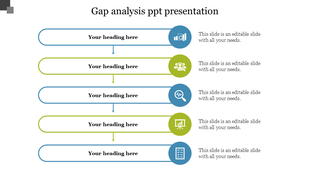Slide with a series of colored horizontal boxes alternating in blue and green, with icons, each showing gap analysis steps.