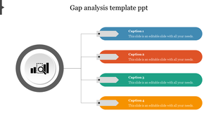 Gap analysis template with four labeled bars in different colors branching from a icon, each with placeholder text. 