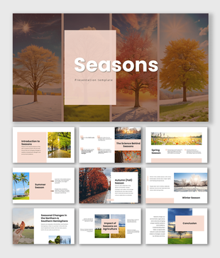 Four seasonal photos blooming trees in spring, rainy day, tropical beach, and snow-covered trees in winter with a text.