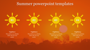 Summer slide featuring a warm orange background and four numbered sun icons, each with placeholder text areas.