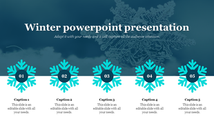 Winter PowerPoint template featuring snowflakes with captions for each section on a split backdrop.