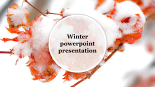 Winter slide design with bright orange leaves under fresh snow and a circular text placeholder in the center.