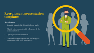 Recruitment slide with a highlighted candidate in a magnifying glass, standing among grayscale silhouettes. 
