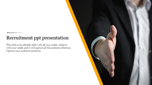 Slide with a person offering a handshake on the right, with a bold orange diagonal bar and text on the left.