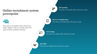 Recruitment flow diagram with a diagonal split background, showing key steps from posting a job to extending an offer.