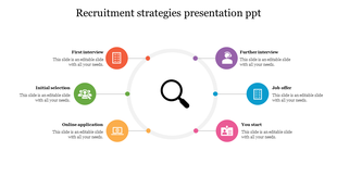 Recruitment strategies PPT presentation slide showing six stages with color coded icons and placeholder text.
