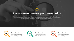 Recruitment process PowerPoint slide with a magnifying glass and icons representing stages of the hiring process.