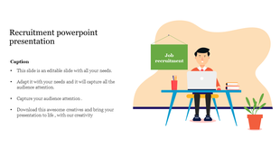 Recruitment slide featuring an illustration of a person working at a desk, surrounded by office items, with a green sign.
