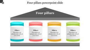 A four pillar PPT slide structure representing key concepts with four colored captions on a white backdrop.